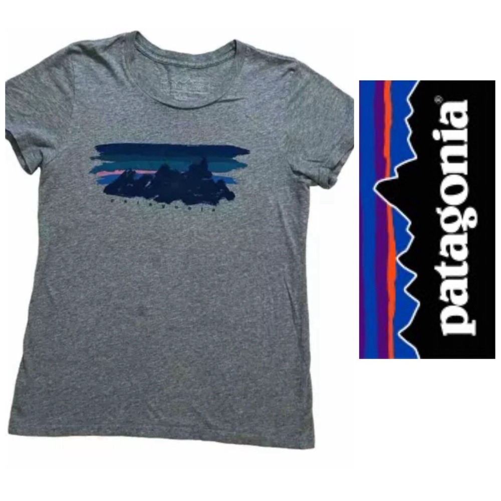 Patagonia T Shirt Gray Women's Size Small - Short Sleeved 100% Cotton Mountains